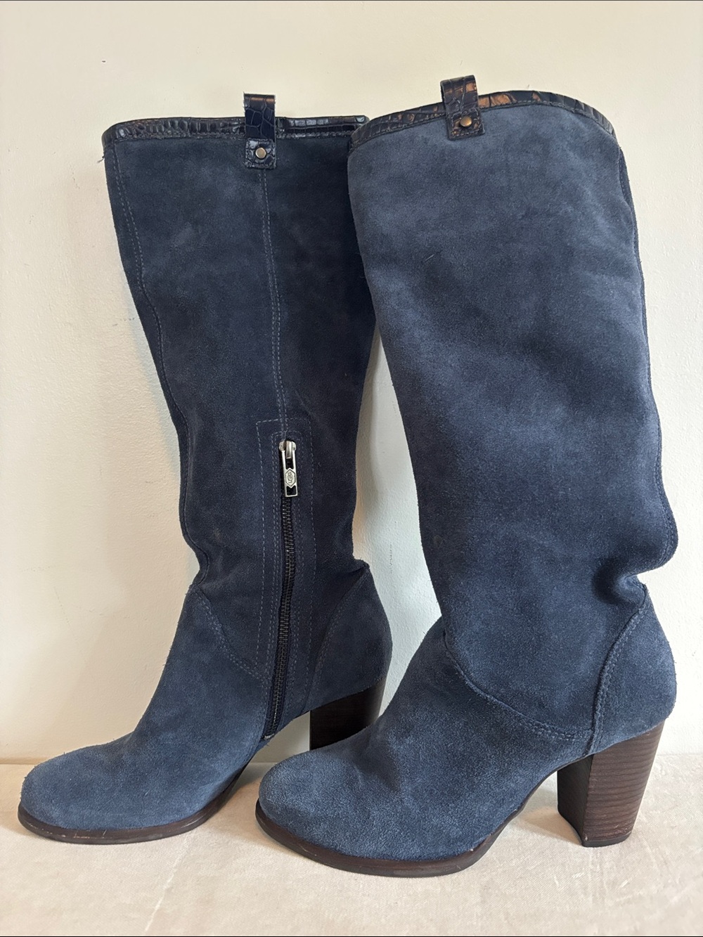 UGG Navy Suede Knee-High Heeled Boots with Croco Detail and Sherpa Inside